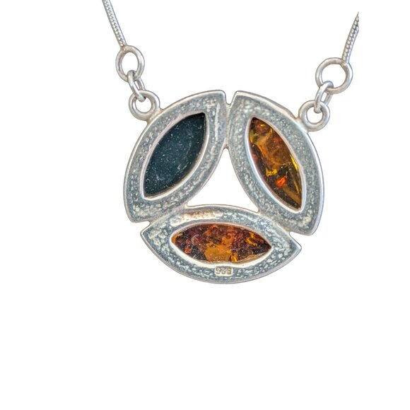 Sterling Silver 925 Necklace Amber Pendant Three Multicolor Amber Stones 16-Inch - Picture 3 of 11